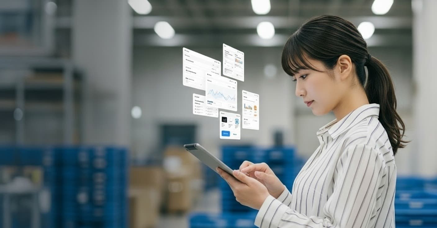 タブレット端末で業務システムを確認する女性